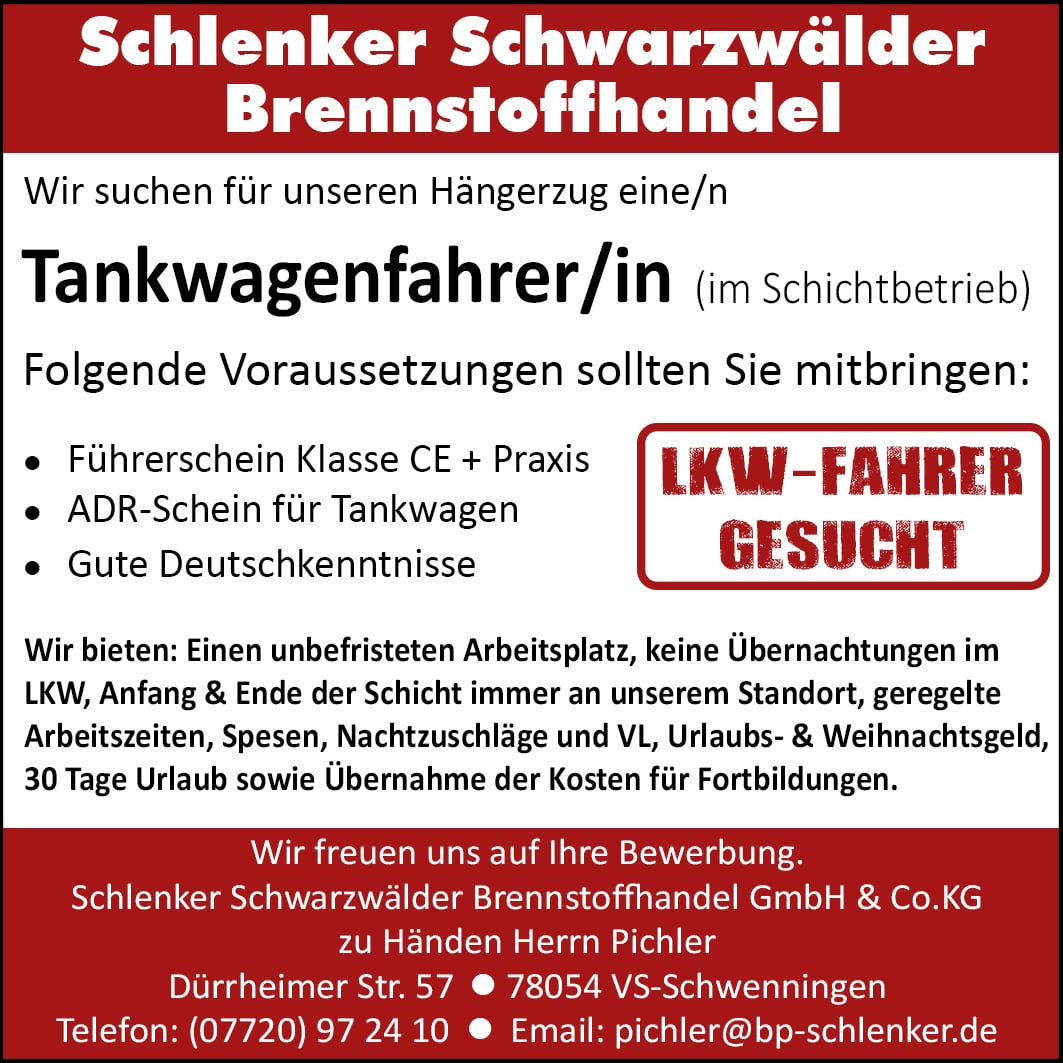 Berufskraftfahrer Stellenanzeige Tankwagenfahrer